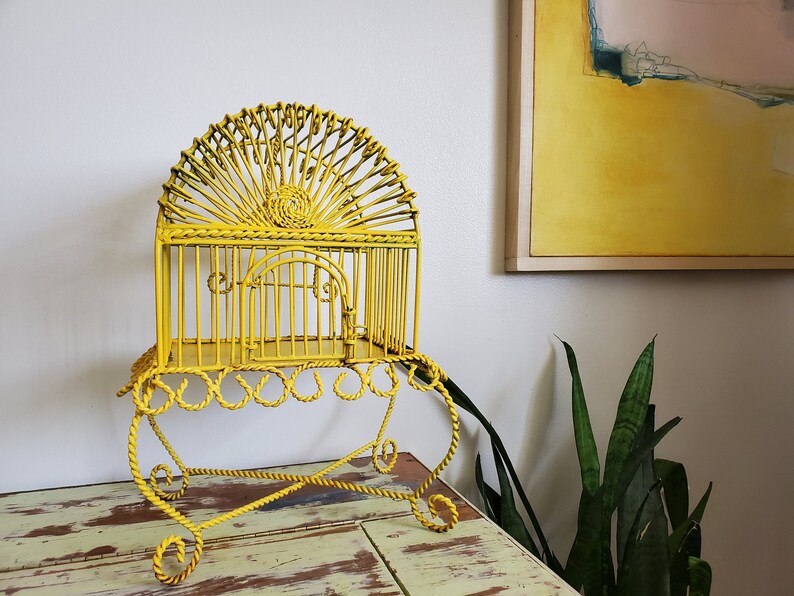 VTG Birdcage Tabletop Metal Wire Decorative Yellow Birdcage Decor Vintage Planter Garden Art image 2