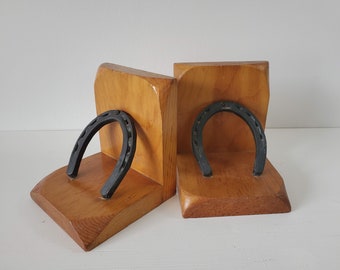 VTG Bookends Horseshoe Handmade Farm Decor Country Horse Lover Wood Rustic Black Iron OOAK