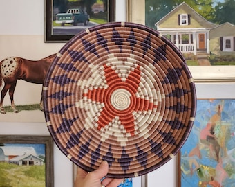 African Coil Basket 12" Bowl Handmade Purple Taupe Cream Rust Wall Hanging Basket