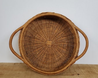 Round Woven Basket with Side Handles - Shallow, Low, Flat Natural Brown Wicker