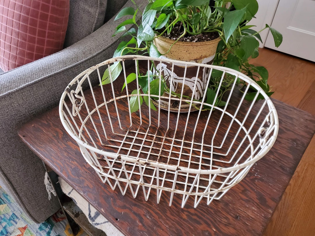 Large Vintage Wire Basket Oval With Handle Cream Color Plastic Coated Metal Harvest Collecting