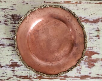 Vintage Copper Charger Plate - Brass Ornate Trim - 12" Metal Tray