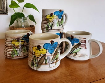 Set of 5 Vintage Stoneware Mugs Blue and Yellow Flowers - 1970s Coffee Cups Retro Kitchen