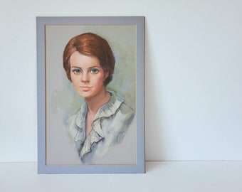 Pastel Portrait Midcentury Drawing of a Woman w/ Brown Hair Earthy Blue 22" x 16" Framed Signed by MCM Artist 1969 Wall Art