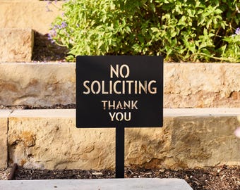 No Soliciting Thank You Metal Yard Sign: Round or Square, Modern Steel Property Signage