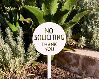 No Soliciting Thank You Metal Yard Sign: Round or Square, Modern Steel Property Signage