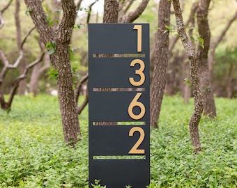 Grey Enfield XL Address Yard Sign: 6" Aluminum Numbers, Vertical Yard Plaque
