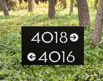 Directional Address Yard Sign - Modern Steel Number Plaque with Stakes