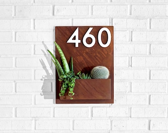 Mid-Century Madness Planter w/ Brass, Silver, Black or White Address Numbers, House Numbers, Address Sign, Modern, Succulent Planter