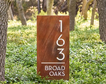 Sunset Valley Vertical Address Yard Sign - Modern Steel Number Plaque with Stakes