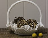 Fenton Hobnail Milk Glass Ruffled Edge Basket