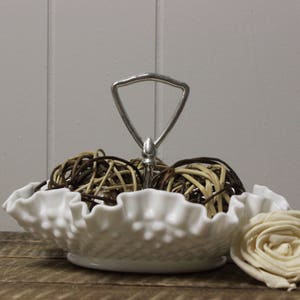 Fenton Hobnail Milk Glass Ruffled Edge Candy Dish with Handle