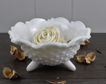 Shabby Chic Footed Hobnail Milk Glass Bowl