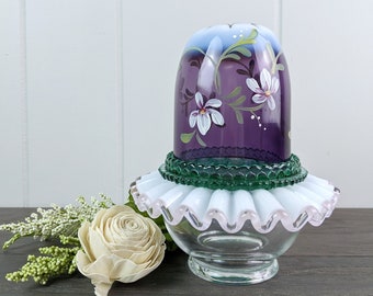 Rare Fenton Art Glass Hand Painted Amethyst  and Rose Crest Fairy Lamp