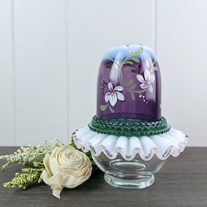 Rare Fenton Art Glass Hand Painted Amethyst  and Rose Crest Fairy Lamp