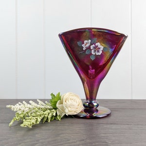 Fenton Damask Rose on Red Carnival Fan Vase