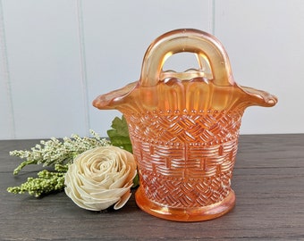 Dugan Marigold Carnival Glass Basketweave Handled Basket