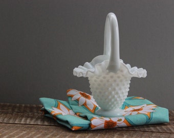 Small Vintage Fenton Milk Glass Hobnail Basket