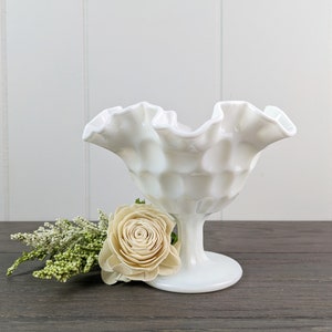 Fenton Thumbprint Milk Glass Ruffled Edge Compote