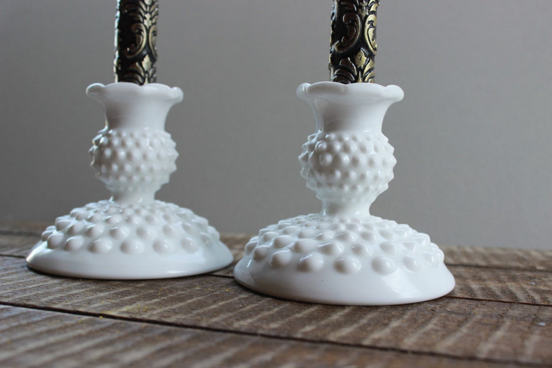 Vintage Fenton Hobnail Milk Glass Candle Holders Etsy
