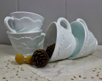 Indiana Glass Milk Glass Pebble Leaf Cup Set