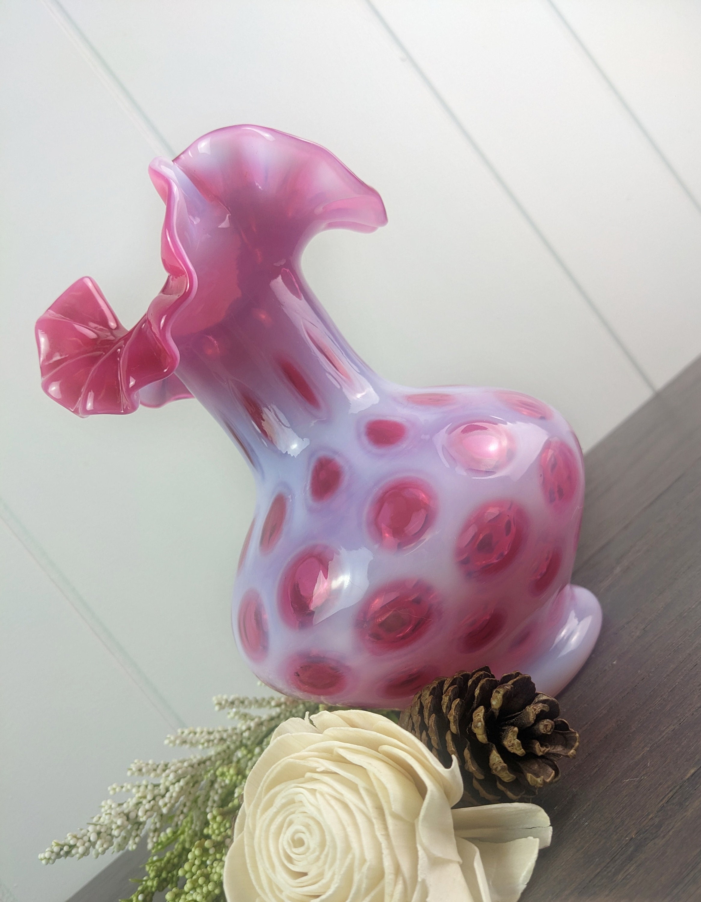 フェントン　オパールセント　ドット　花瓶 フェントン オパールセント クランベリー コイン ドット 花瓶