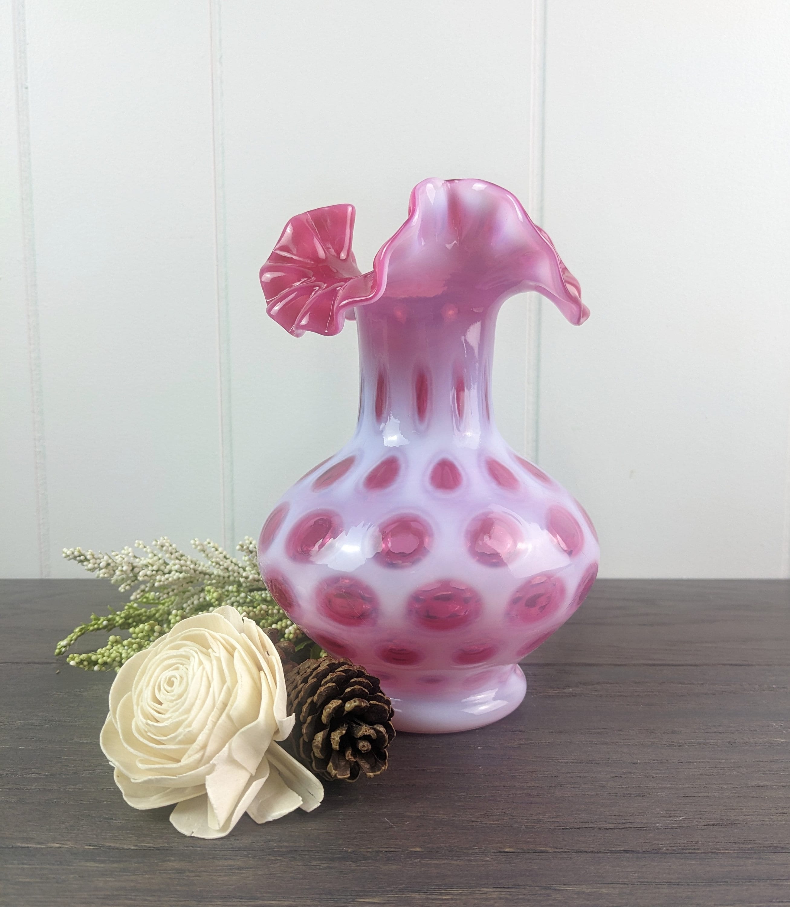 フェントン　オパールセント　ドット　花瓶 フェントン オパールセント クランベリー コイン ドット 花瓶