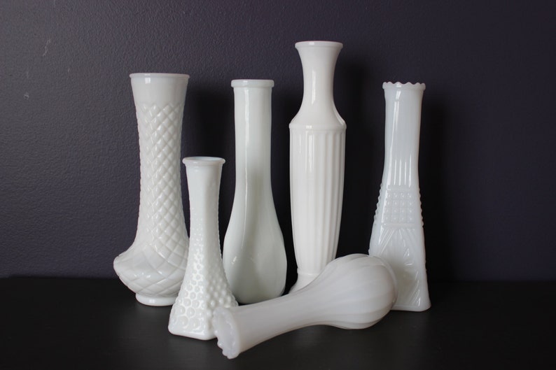 Set of 6 Vintage Milk Bud Glass Vase Lot, Milk Glass Wedding, Shabby Chic Wedding, Vintage Wedding, Milk Glass Collection image 4