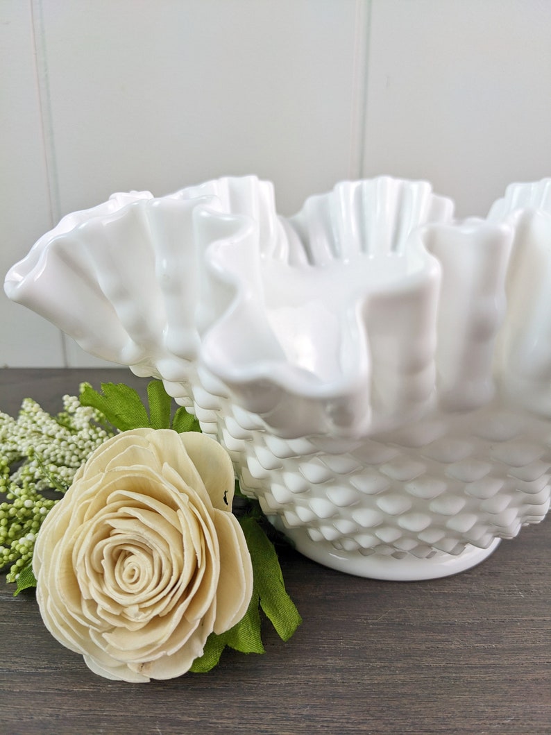 Fenton Hobnail Milk Glass Ruffled Edge Bowl image 6