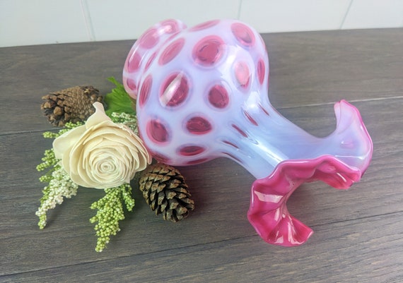 フェントン オパールセント コインドット 花瓶 フェントン オパールセント クランベリー コイン ドット 花瓶