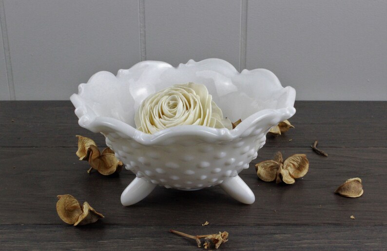 Shabby Chic Footed Hobnail Milk Glass Bowl image 1