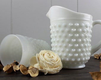 Anchor Hocking Hobnail Milk Glass Pitcher and Cup Set