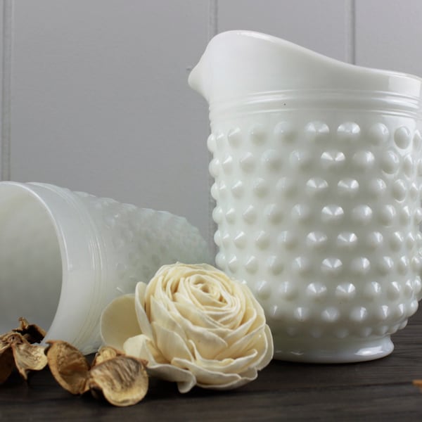 Anchor Hocking Hobnail Milk Glass Pitcher and Cup Set