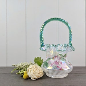 Fenton Glass 90th Anniversary Spiral French Opalescent Hand Painted Basket
