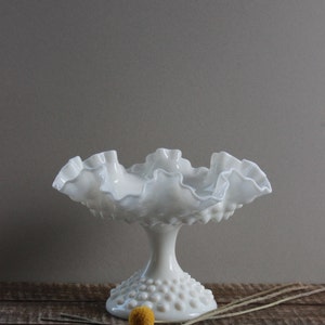 Vintage Fenton Hobnail Milk Glass Ruffled Edge Footed Dish