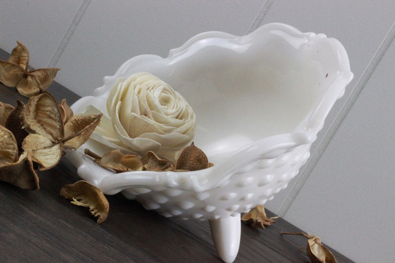 Shabby Chic Footed Hobnail Milk Glass Bowl image 8