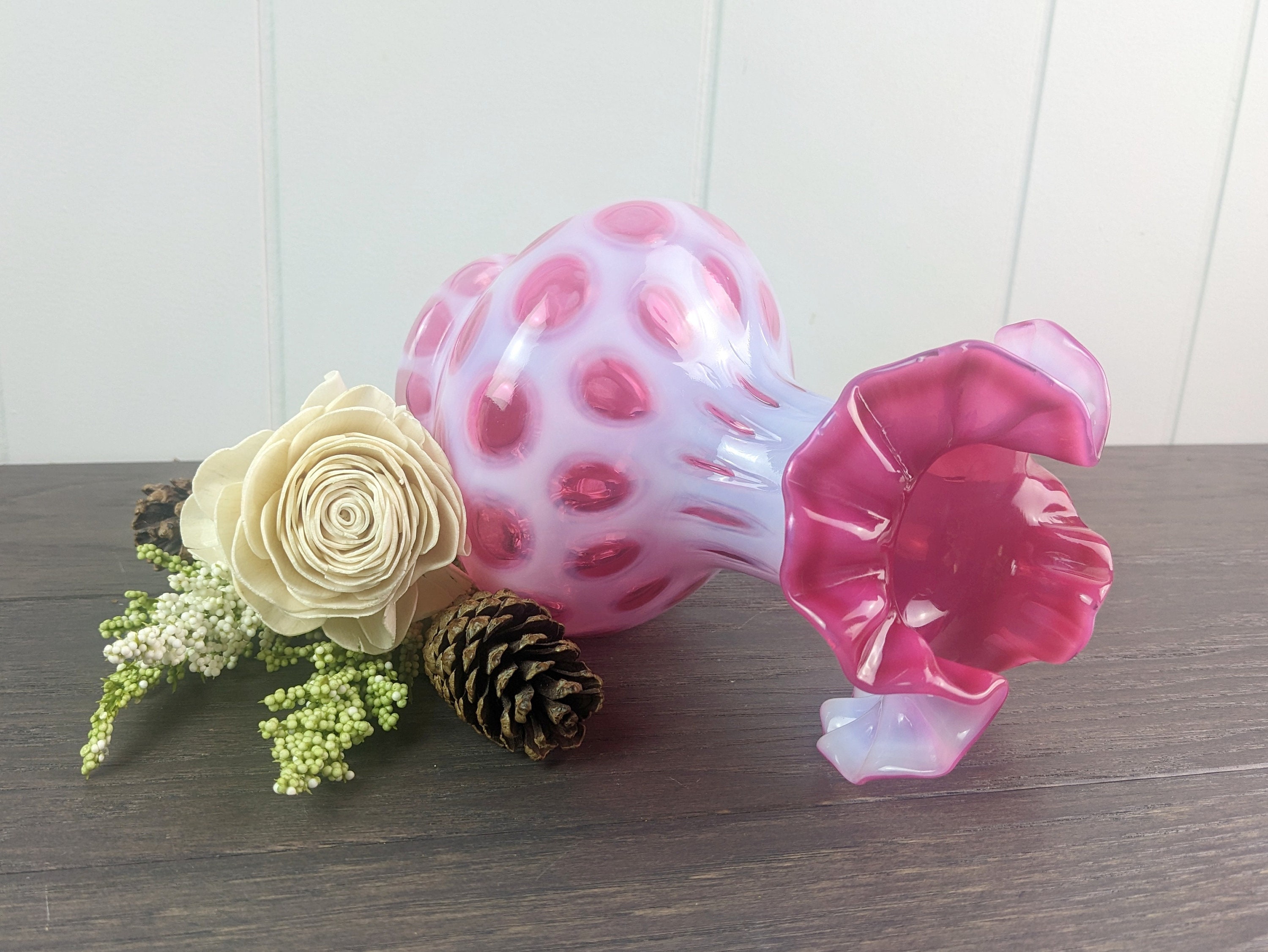 フェントン　オパールセント　ドット　花瓶 フェントン オパールセント クランベリー コイン ドット 花瓶