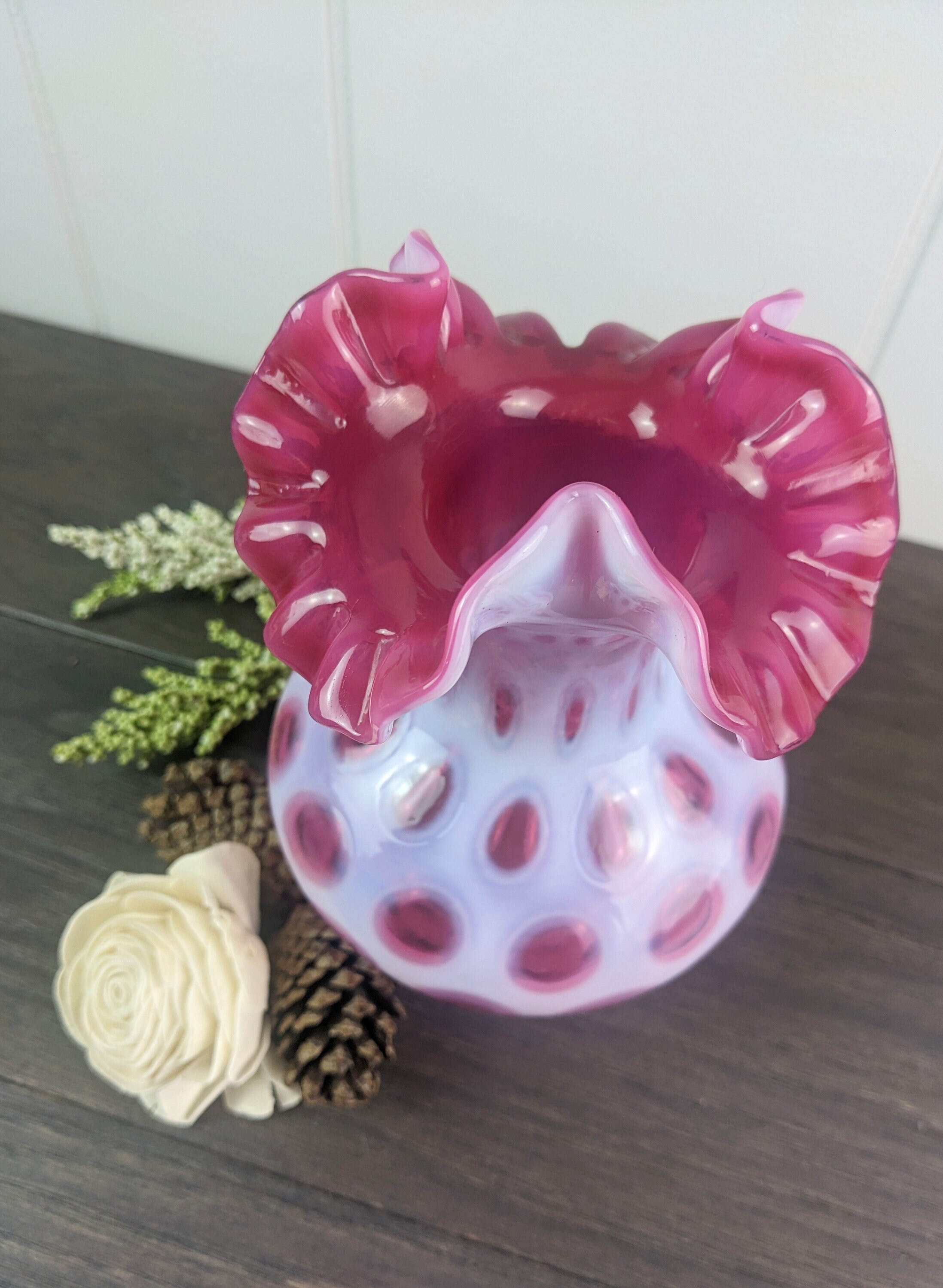 フェントン　オパールセント　ドット　花瓶 フェントン オパールセント クランベリー コイン ドット 花瓶