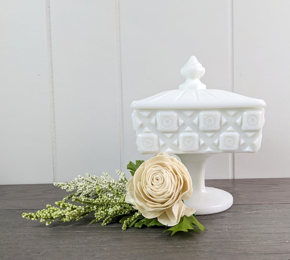 Westmoreland Old Quilt Milk Glass Covered Compote