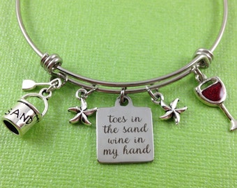 Beach Charm Bracelet, Wine Charm Bracelet, Beach Bangle, Toes in the Sand Wine in My Hand, Sand Pail Charm, Wine Glass Charm, Starfish Charm