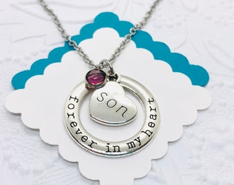 Son Memorial Birthstone Necklace, Forever in My Heart, Sympathy Gift, In Memory of Son, Loss of Son