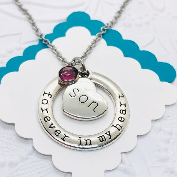 Son Memorial Birthstone Necklace, Forever in My Heart, Sympathy Gift, In Memory of Son, Loss of Son