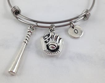 Baseball Charm Bracelet, Stainless Steel Bangle, Sports Jewelry, Personalized Jewelry, Baseball Charm, Initial Bracelet, Expandable Bangle