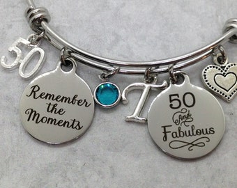 50th Birthday Gift for Her, 50 and Fabulous Birthday Bangle, Personalized 50th Birthday Bracelet, Gift for Mom
