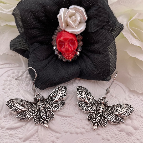 Large Death Head Moth Earrings, Goth Jewelry, Gothic Skull Earrings