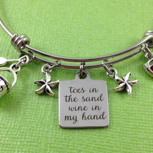 Beach Charm Bracelet, Wine Charm Bracelet, Beach Bangle, Toes in the Sand Wine in My Hand, Sand Pail Charm, Wine Glass Charm, Starfish Charm image 2