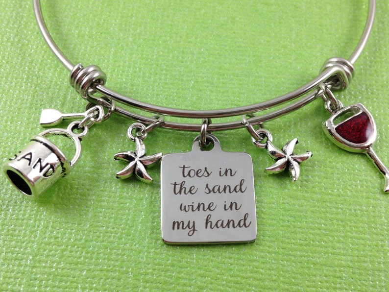 Beach Charm Bracelet, Wine Charm Bracelet, Beach Bangle, Toes in the Sand Wine in My Hand, Sand Pail Charm, Wine Glass Charm, Starfish Charm image 2