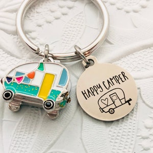 Happy Camper Keychain, RV Keychain, Camper Key Ring, Camping Lover Gift, Glamping Keychain