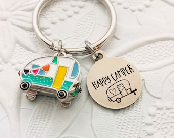 Happy Camper Keychain, RV Keychain, Camper Key Ring, Camping Lover Gift, Glamping Keychain