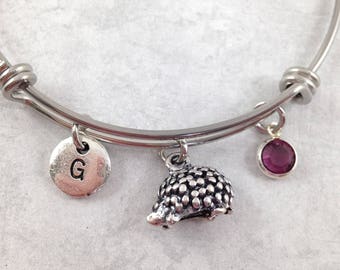 Personalized Hedgehog Bracelet, Hedgehog Bangle, Initial Bracelet, Birthstone Bracelet, Animal Jewerly